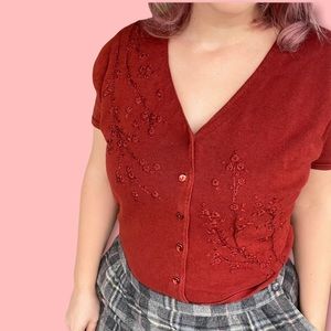 Vintage embroidered short sleeve sweater top floral burnt orange red size large